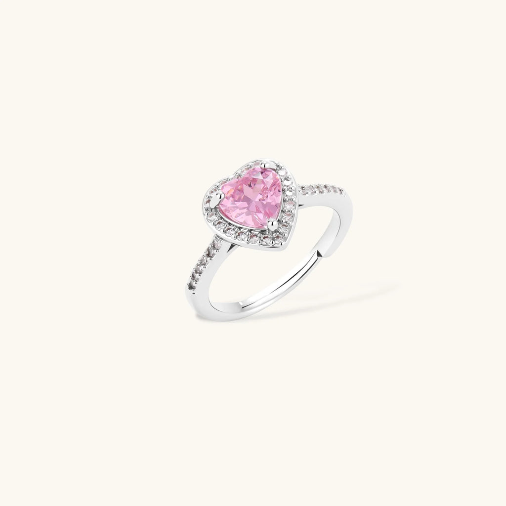Pink heart-shaped cubic zirconia jewelry set with white gold plating featuring necklace, earrings, bracelet and ring