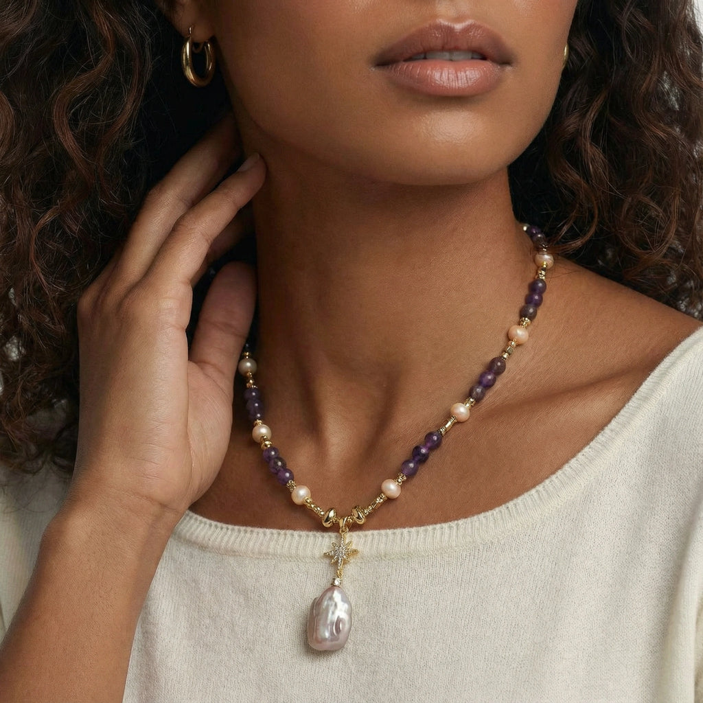 Celestial Amethyst Pearl Necklace by V3 Boutique
