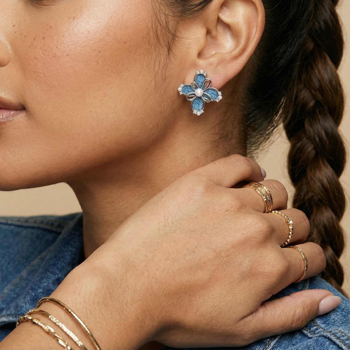 Denim Bloom Studs by V3 Boutique