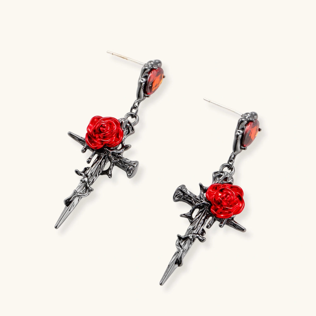 Gothic dagger earrings with red enamel roses and thorny vines in dark gunmetal finish with red zirconia stones