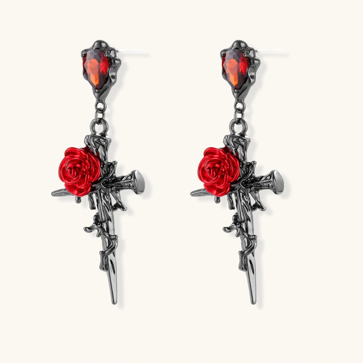 Gothic dagger earrings with red enamel roses and thorny vines in dark gunmetal finish with red zirconia stones