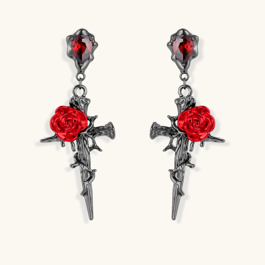Gothic dagger earrings with red enamel roses and thorny vines in dark gunmetal finish with red zirconia stones
