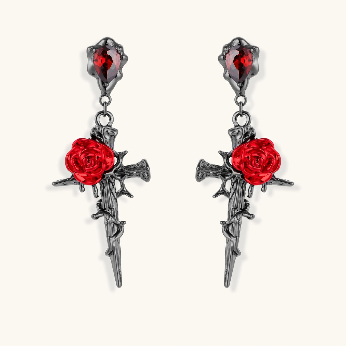 Gothic dagger earrings with red enamel roses and thorny vines in dark gunmetal finish with red zirconia stones