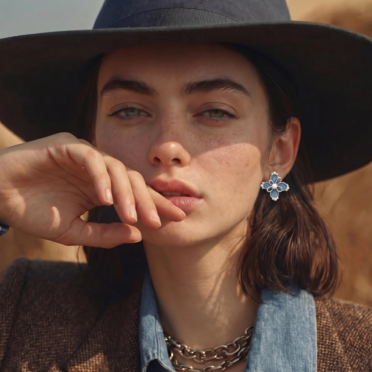 Denim Bloom Studs by V3 Boutique