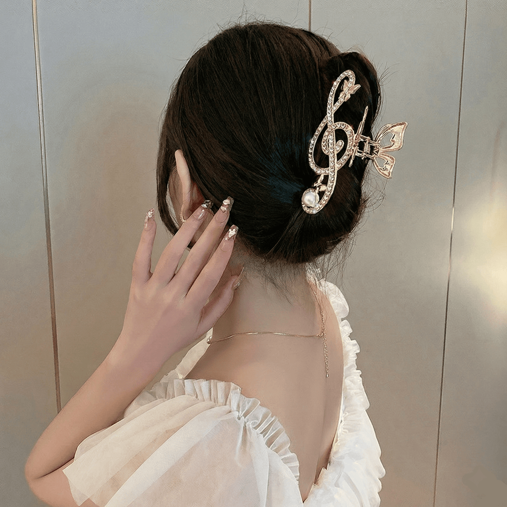 Treble Clef Hair Clip Sparkling Rhinestone Metal Gold Tone Butterfly Barrette for Music Lovers Formal Concert Wear